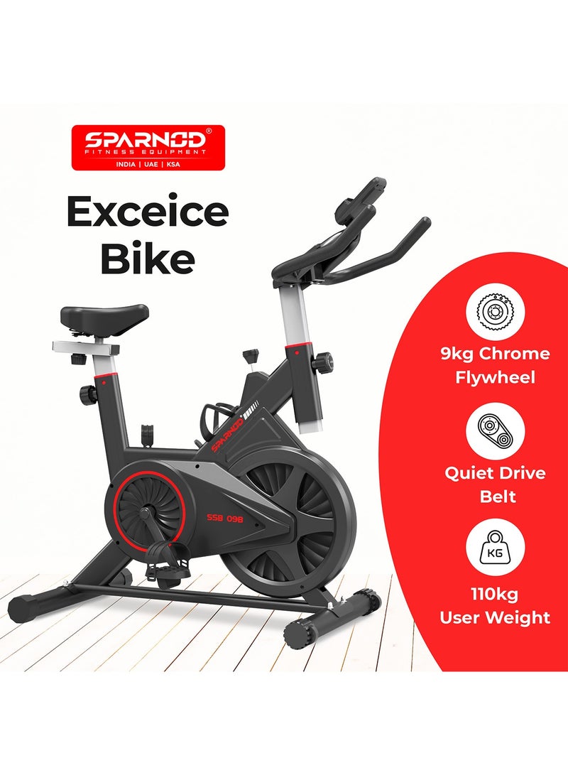 Sparnod Fitness دراجة سبين سبارنوود فيتنس SSB-09B لتمارين المنزل مع نظام حزام، عجلة طيران 9 كجم، مقعد ومقود قابلين للتعديل، مقاومة احتكاك، شاشة LCD، حامل لوحي، أقصى وزن للمستخدم 110 كجم (أسود) - Image 2